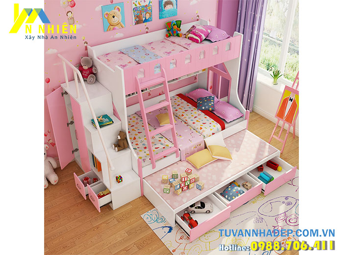 giường tầng màu hồng cho bé gái