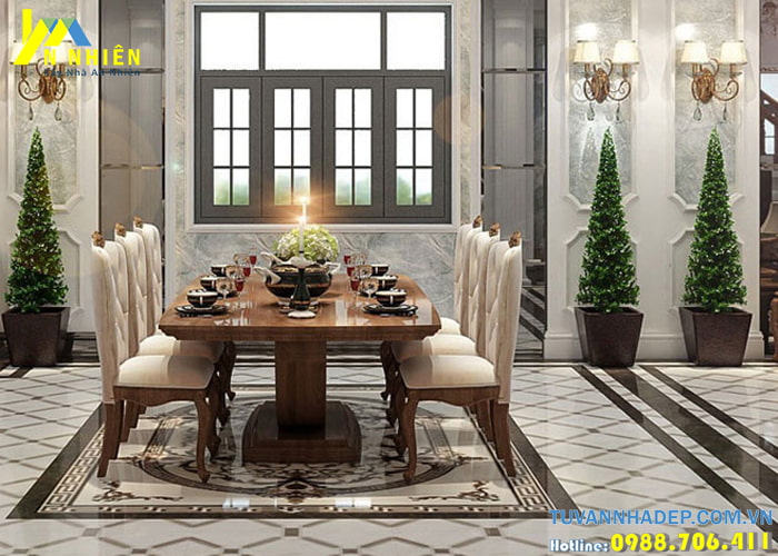 Phòng ăn trang trí sử dụng nội thất chất liệu gỗ sang trọng