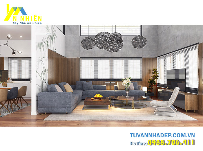 hình ảnh phòng khách với gỗ mdf