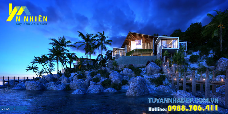 khi đêm xuống biệt thự đẹp mờ ảo