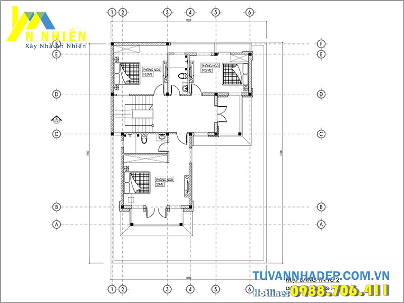 bản vẽ mặt bằng tầng 2 biệt thự 3 tầng 122m2