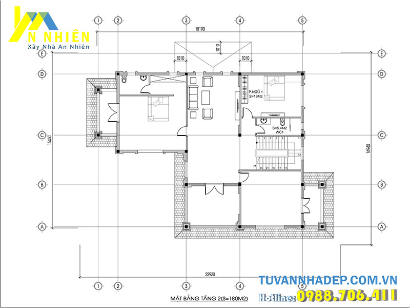 mặt bằng tầng 2 biệt thự 3 tầng 200m2