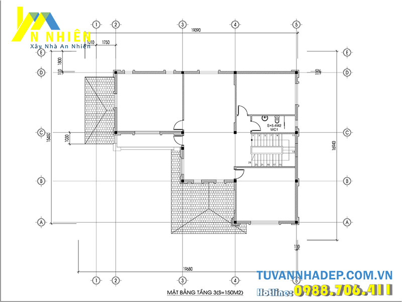mặt bằng tầng 3 biệt thự 3 tầng chữ l 200m2