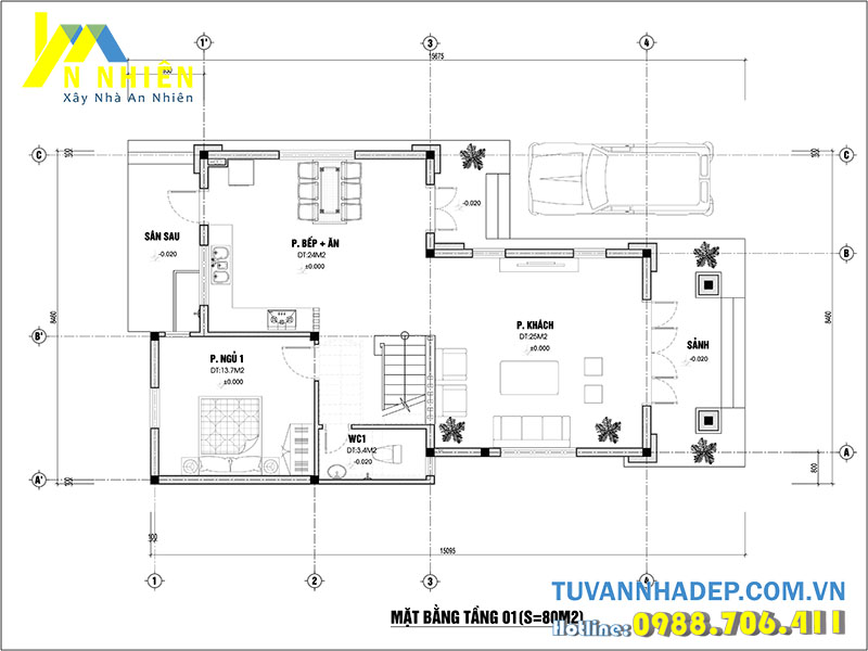 mặt bằng tầng 1 biệt thự 3 tầng 80m2