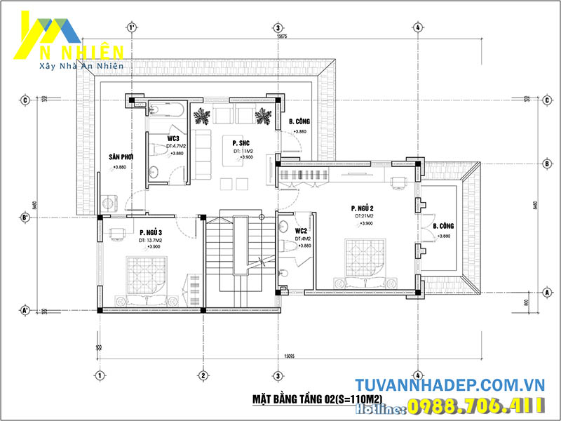 mặt bằng tầng 2 biệt thự 3 tầng 80m2