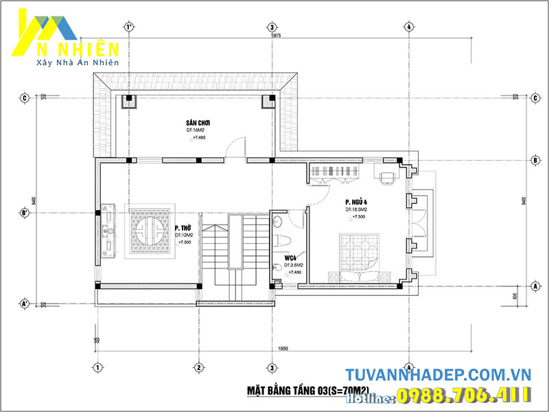 mặt bằng tầng 3 biệt thự 3 tầng 80m2