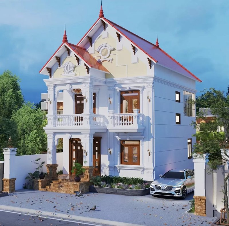 thiết kế nhà 2 tầng mái thái 4 phòng ngủ 100m2