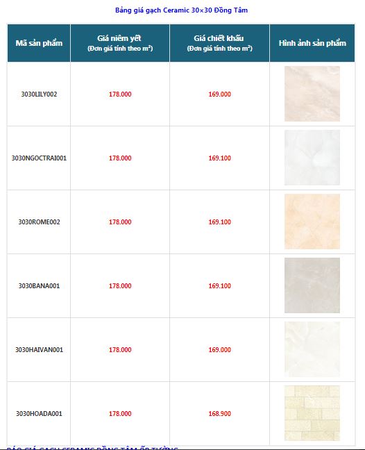 bảng giá gạch ceramic 30x30