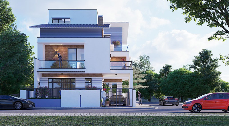 mặt bên biệt thự trắng 3 tầng ngang 11m