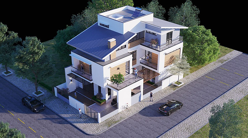 phối cảnh tổng thể biệt thự hiện đại mặt tiền 11m