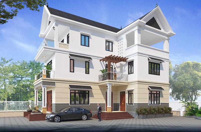 thiết kế biệt thự 3 tầng chữ l mặt tiền 9m