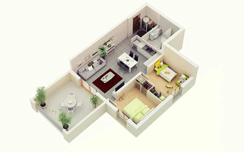 Mặt bằng căn hộ chung cư 50m2 bố trí 2 phòng ngủ