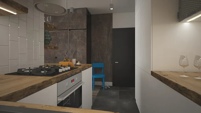 Phòng bếp nhỏ đủ ánh sáng với những bóng đèn công nghiệp