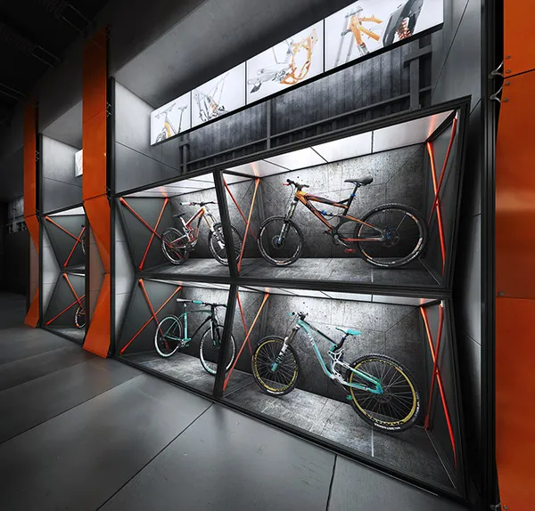 Những chiếc xe đạp được trưng bày trong các ô vuông