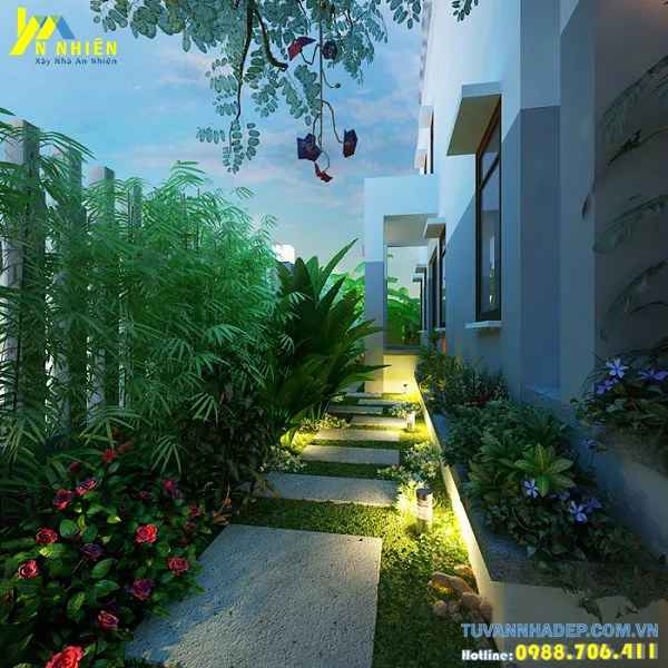 Lối đi bên nhà trồng hàng cây xanh
