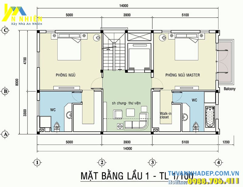 Mặt bằng nội thất biệt thự 3 tầng mặt tiền 8m