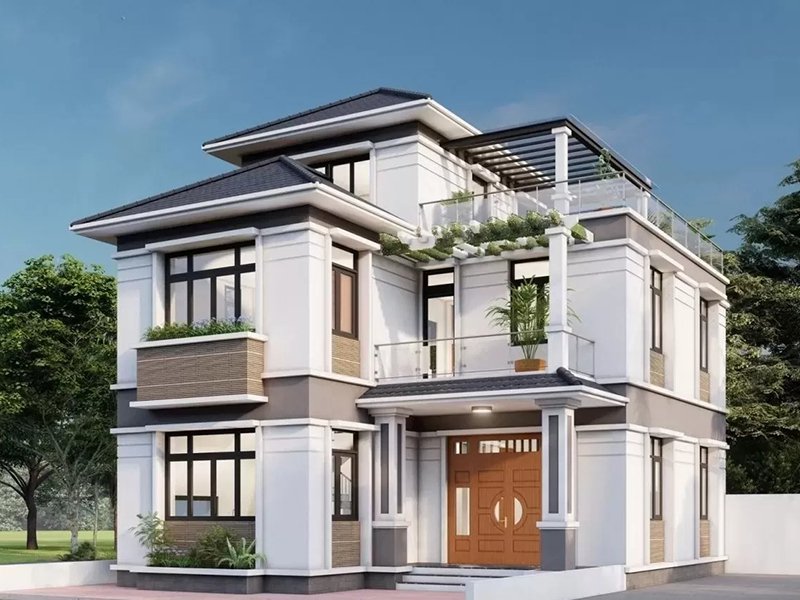 bản vẽ thiết kế biệt thự 2 tầng mặt tiền 8m 4 phòng ngủ