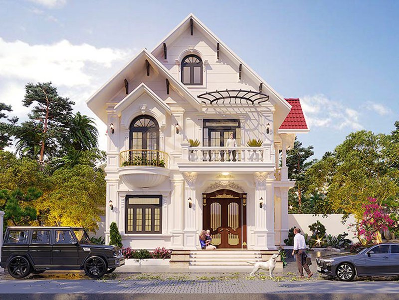 mẫu biệt thự 2 tầng mái thái mặt tiền 8m 4 phòng ngủ