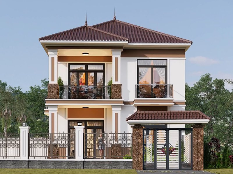 mẫu nhà 2 tầng 4 phòng ngủ mặt tiền 8m hiện đại