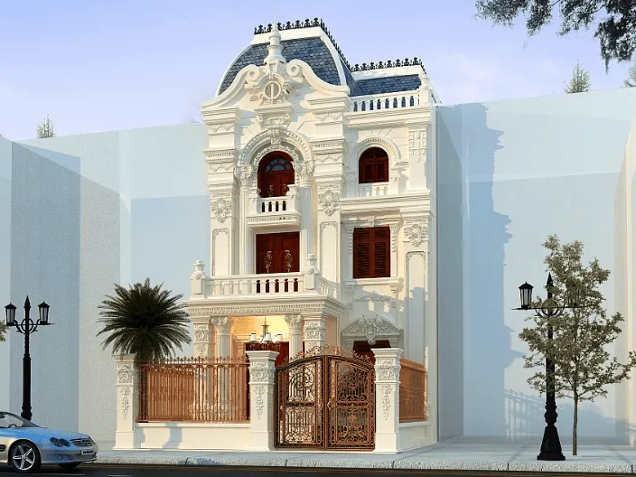 bản vẽ kiến trúc 3d căn biệt thự 3 tầng tân cổ điển 110m2