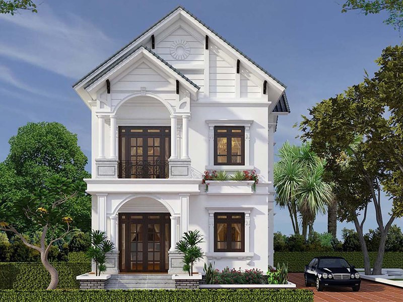 mẫu nhà 2 tầng mái thái mặt tiền 8m 4 phòng ngủ