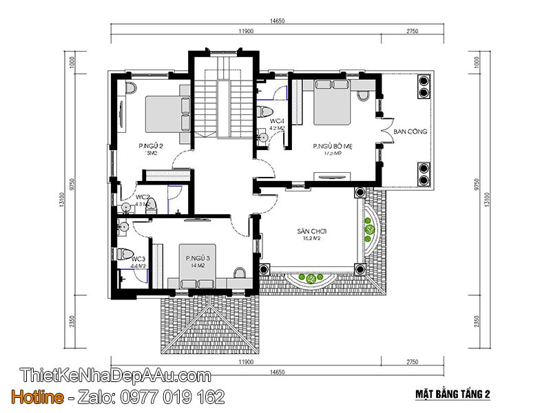 Mặt bằng biệt thự 2 tầng 4 phòng ngủ