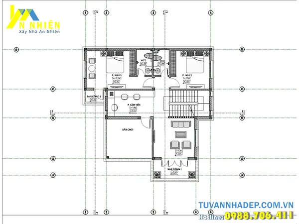 Bản vẽ nội thất mặt bằng công năng nhà 2 tầng mái thái