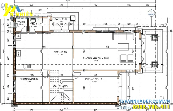 Mặt bằng nhà 2 tầng mái thái 100m2