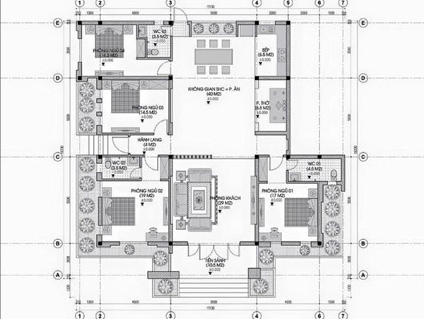 bản vẽ chi tiết bố trí mặt bằng nội thất nhà cấp 4 4 phòng ngủ