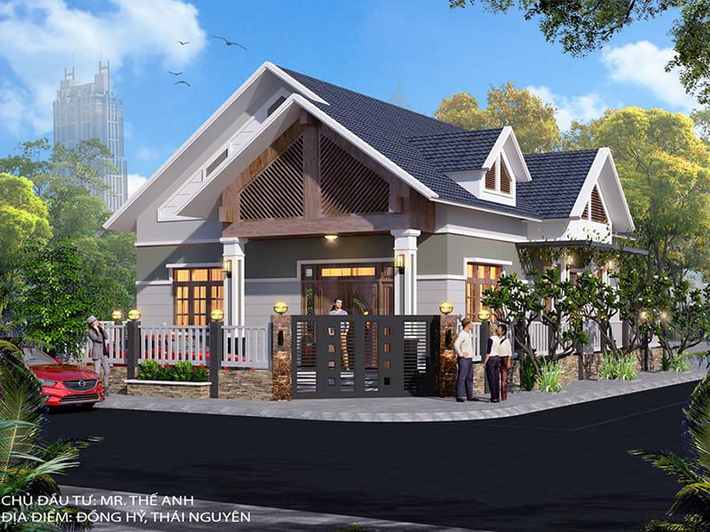 nhà 1 tầng mái thái trang trí nội thất gỗ