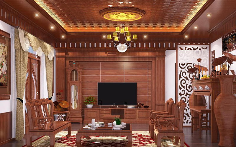 phòng khách nhà cấp 4 trang trí nội thất gỗ