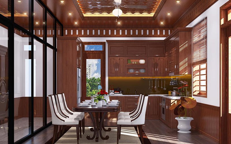tường và trần phòng khách phòng bếp ốp gỗ