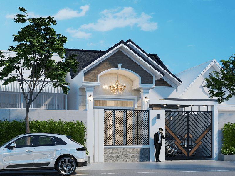 phối cảnh phía trước nhà ống 1 tầng mái thái