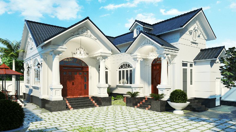 phối cảnh phía trước biệt thự 1 tầng mái thái