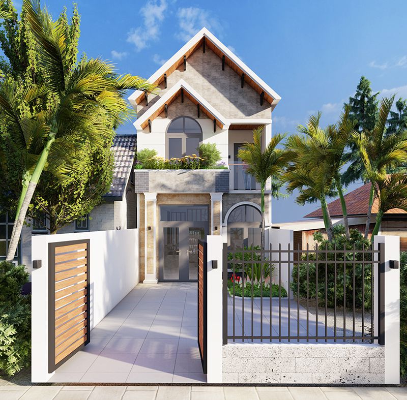 mặt trước nhà ống 2 tầng mái thái