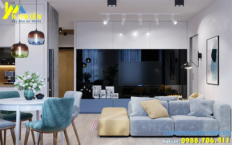 trang trí nội thất phòng khách phong cách tối giản sử dụng nội thất đa năng
