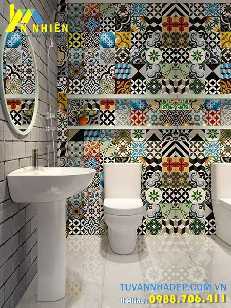 nhà tắm trang trí gạch hoa họa tiết mang phong cách hiện đại