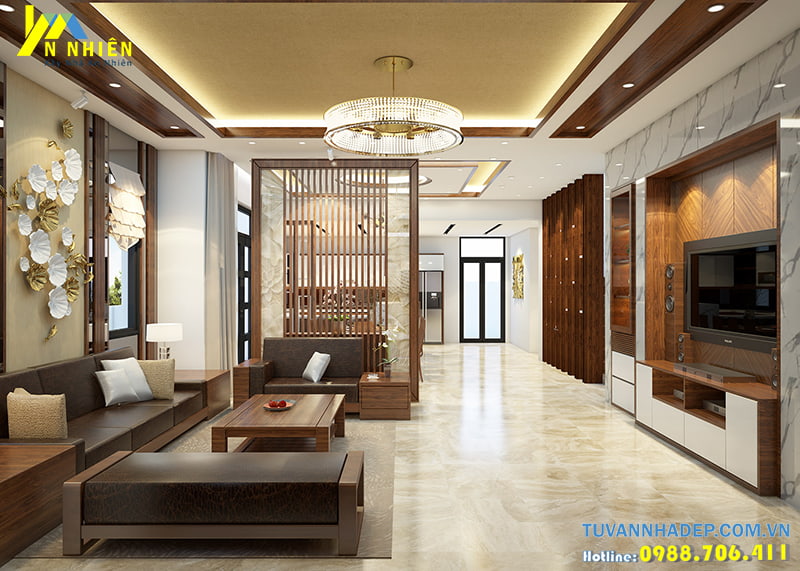 Phòng khách ngăn cách với phòng ăn bằng lam gỗ