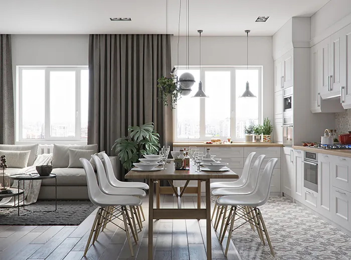 trang trí nội thất nhà bếp với bộ ghế nhựa kiểu dáng đẹp phù hợp với tổng quan