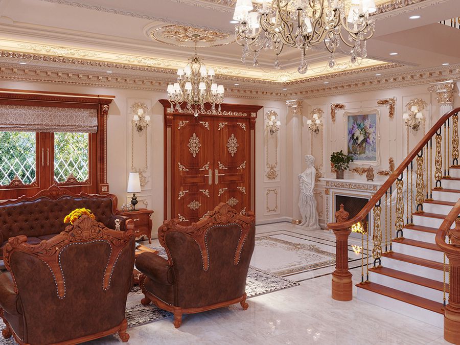 phòng khách cổ điển với đồ nội thất bằng gỗ