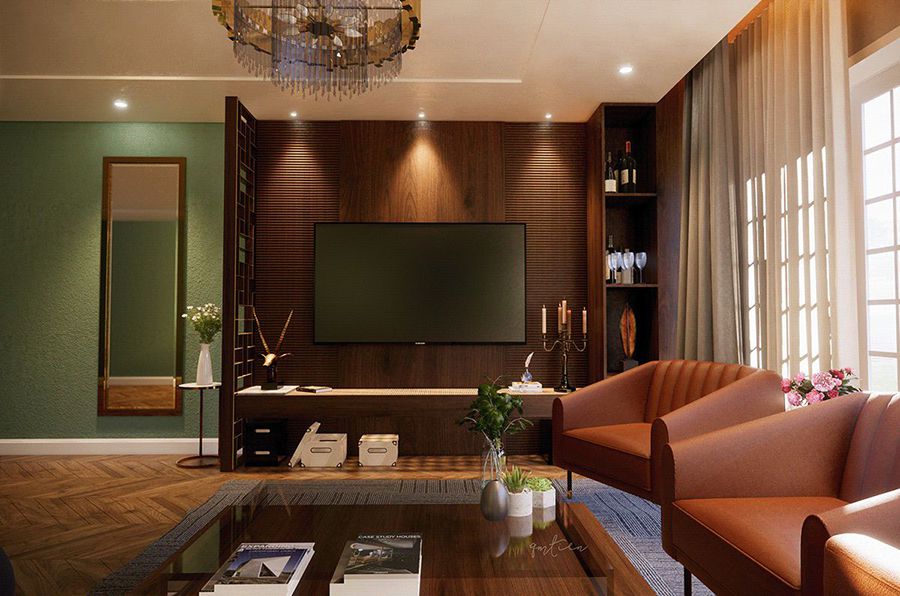 phòng khách với tone màu trầm