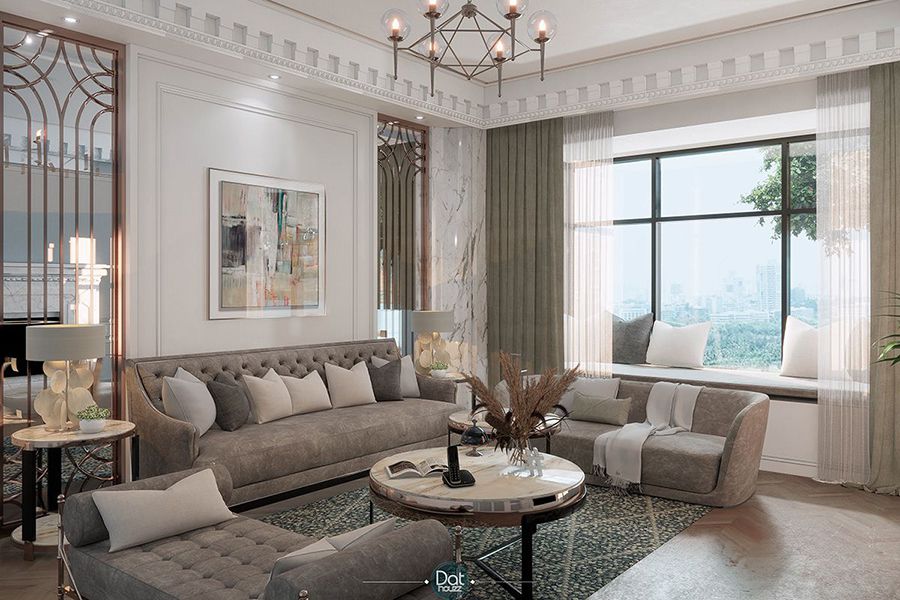 phòng khách tân cổ điển với gam màu trang nhã