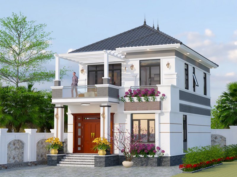 thiết kế biệt thự 2 tầng mái nhật hiện đại
