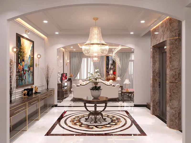 phòng khách rộng trang trí tỉ mỷ từ gạch lát sàn đến tranh treo tường và bộ nội thất