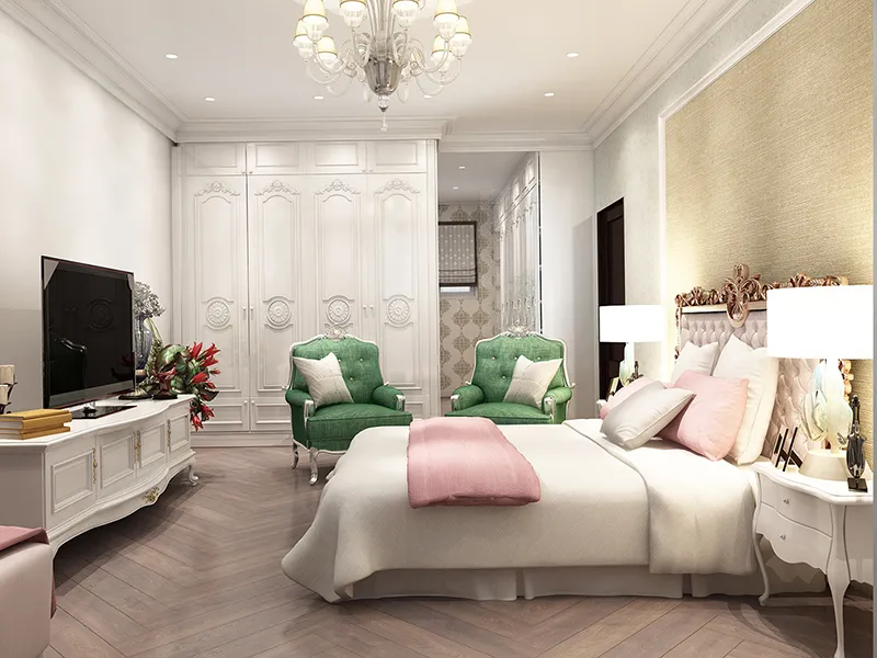 phòng ngủ với màu trắng tăng thêm cảm giác về độ rộng và sâu của không gian