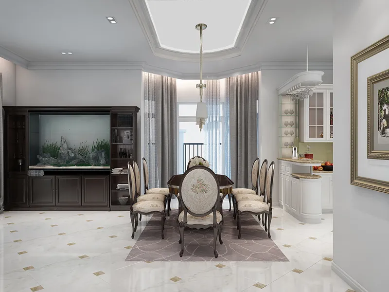 bộ bàn ghế phòng ăn 8 người với chất liệu bọc gỗ và nệm nỉ