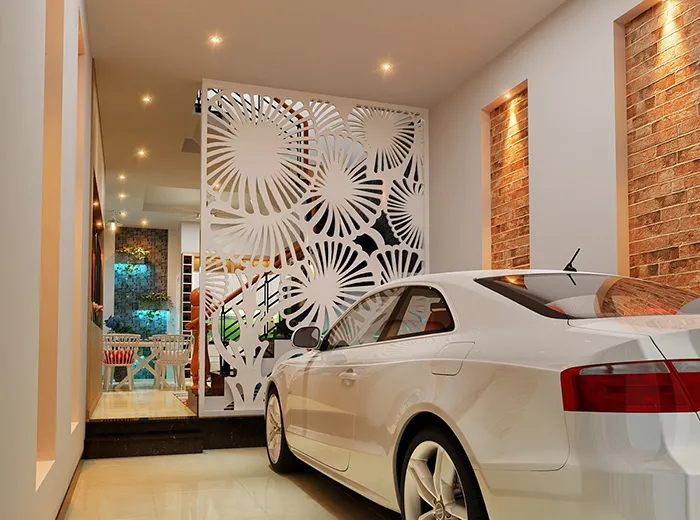 Phòng khách tầng 1 và chỗ để xe sử dụng vách nhựa để tạo tính thẩm mỹ