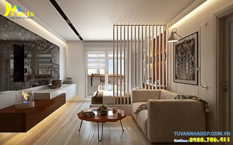 lam gỗ được sử dụng làm vách ngăn phân chia không gian phòng khách và phòng ngủ